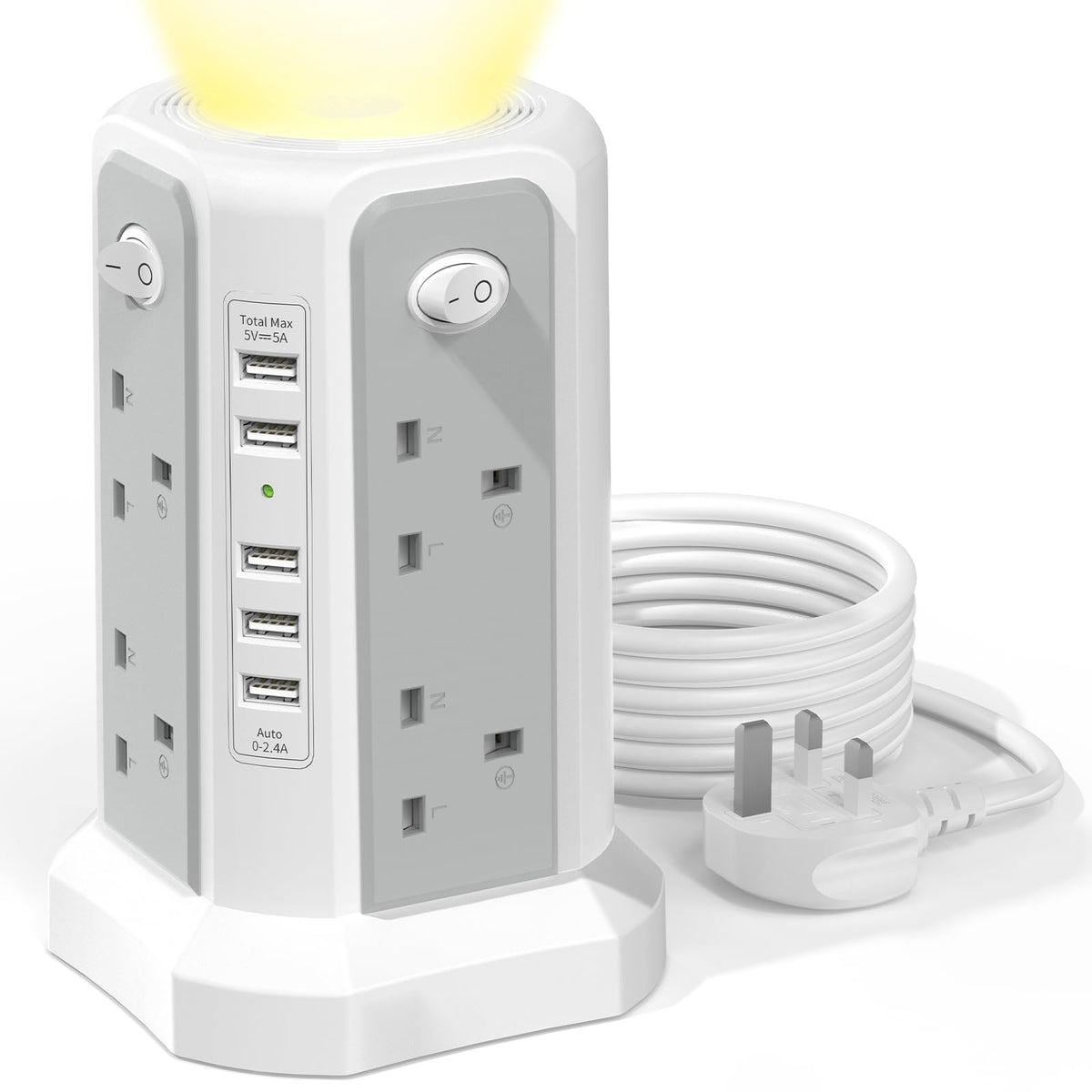 HAFINO Tower Extension Lead 3M with USB Slots and Night Light, 4 Switches
