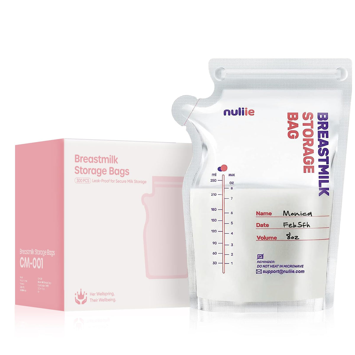 Nuliie 120 Pcs Breast Milk Storage Bags, 250ml BPA Free Milk Storage Bags with Pour Spout for Breastfeeding, Self-Standing or Flat Pre-sterilised Bag, Space Saving for Fridge or Freezer Use