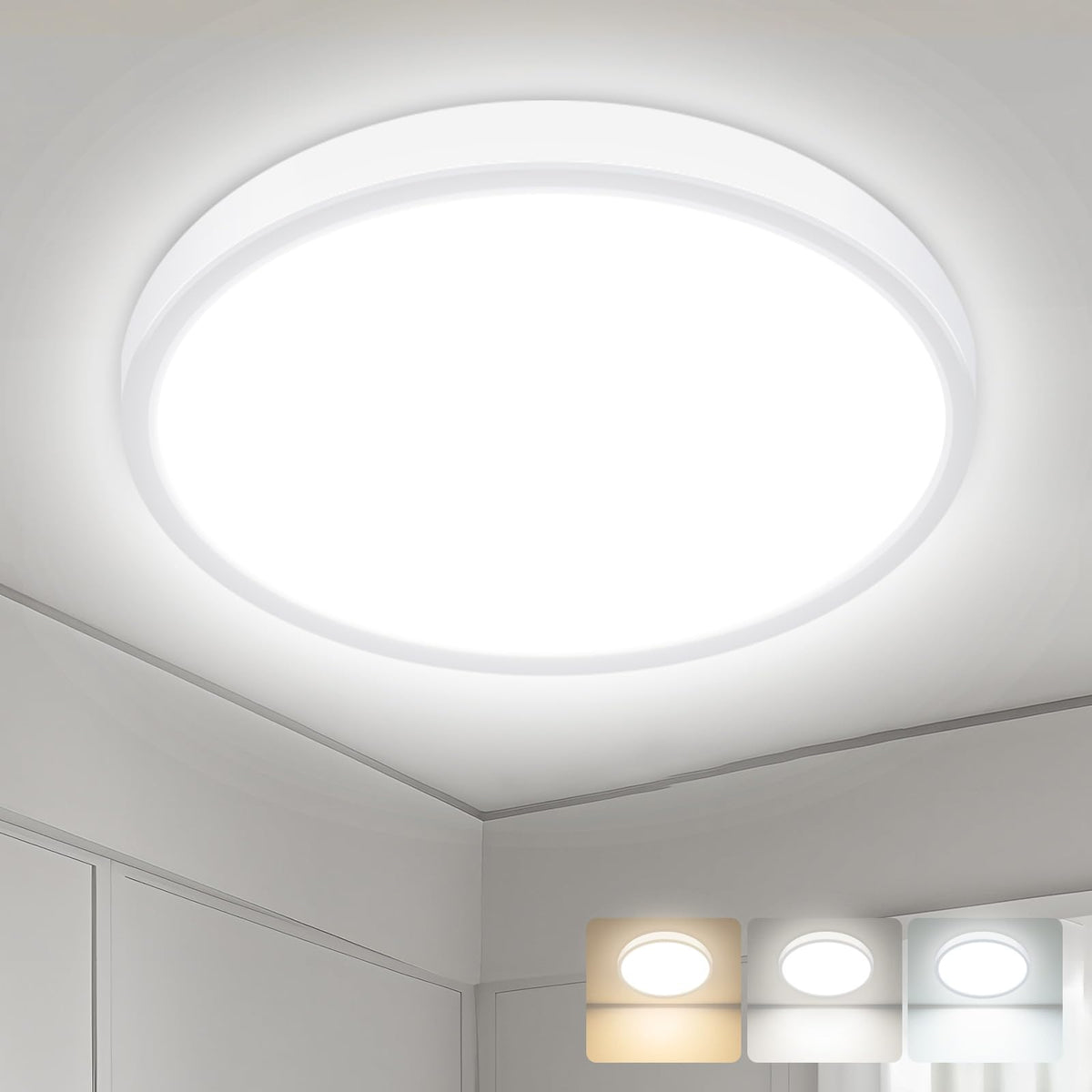 hepside Bathroom Light, 3000K/4000K/6500K 3 Color Temperature LED Ceiling Light, 15W 1500LM, Waterproof, Round, Small, Modern, Flush Ceiling Light for Bathroom, Kitchen, Bedroom, Black