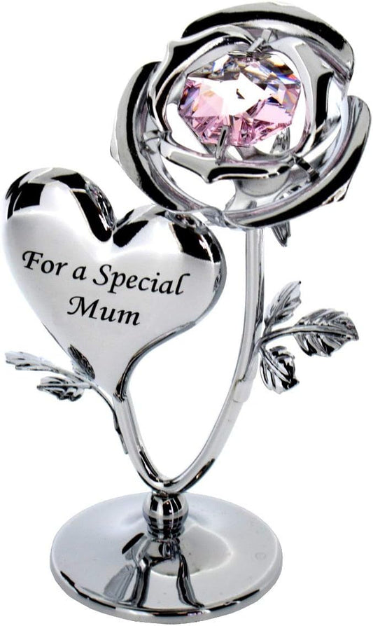 Crystocraft Crystal Rose Heart Ornament with Swarovski Strass Crystals — ‘For a Special Mum’ | Chrome-Plated | Gift Boxed