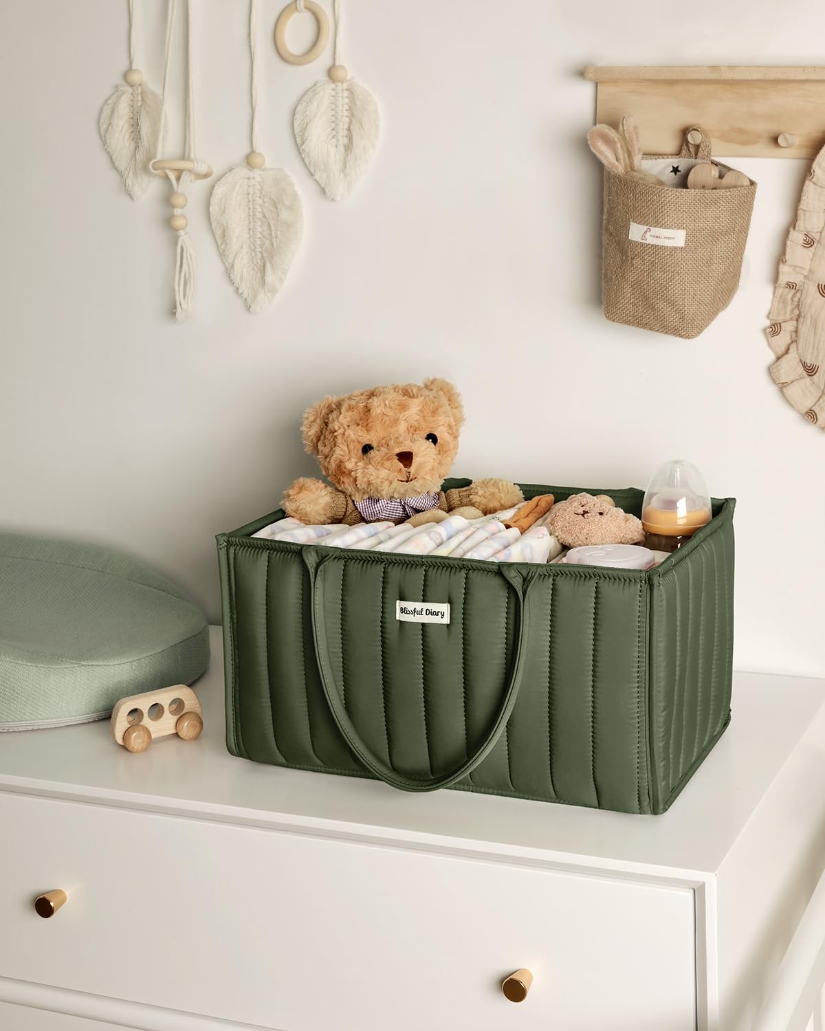 Blissful Diary Nappy Caddy Organiser, Baby Diaper Caddy for Nappy Station, Stylish Storage Basket for Newborn Essentials, Baby Shower Gifts for Girl or Boy, Woodland Cream