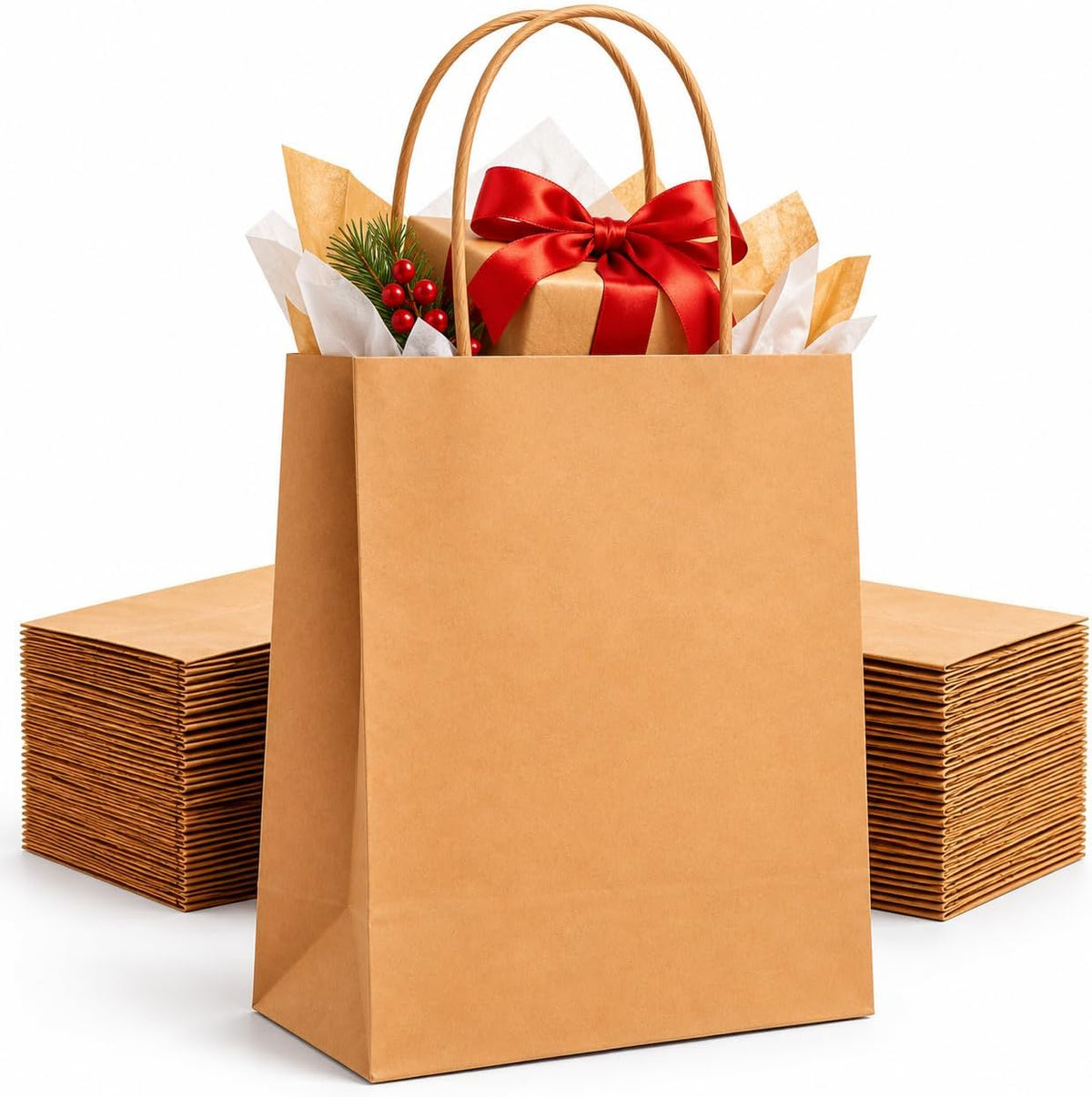 HURUC Brown Paper Bags with Handles 50 Pack Medium 130 GSM