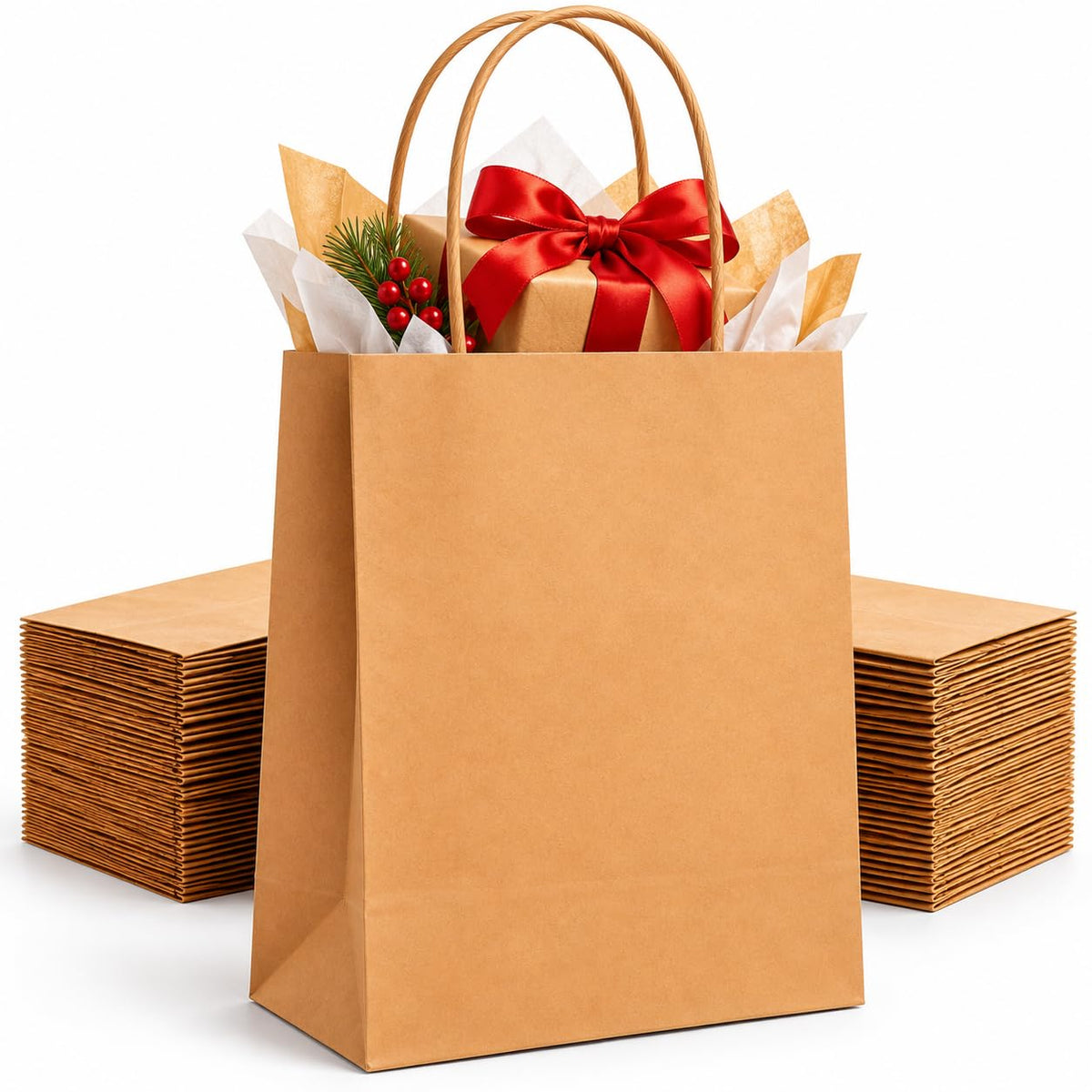 HURUC Brown Paper Bags with Handles 50 Pack Medium 130 GSM