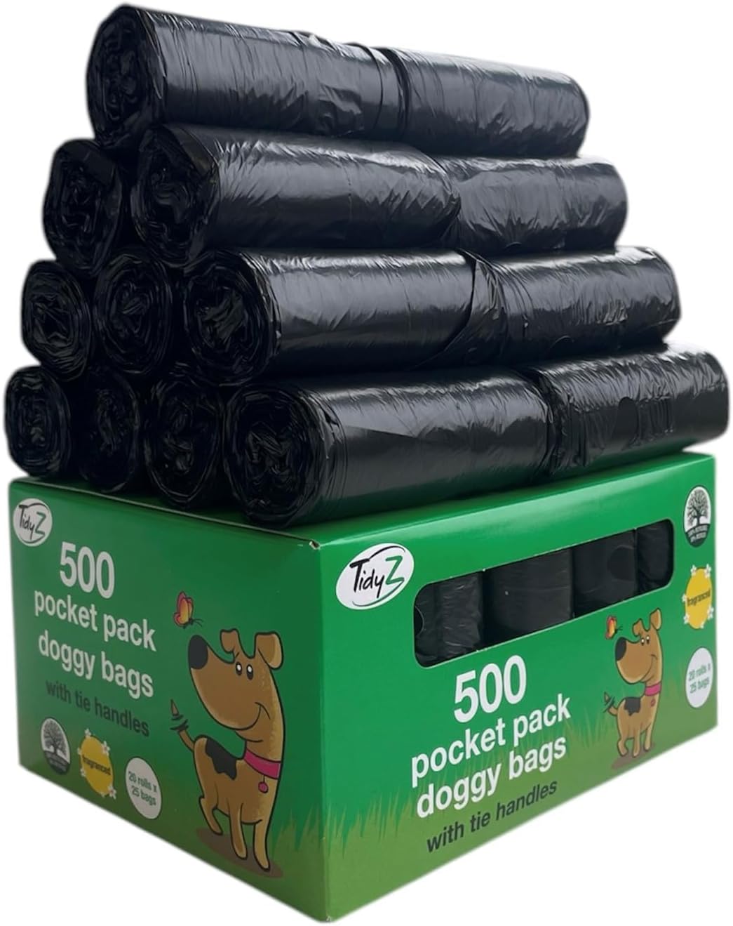500 TidyZ Dog Poo Bags. Minimum 30% Recycled Plastic. Strong, Large Pet Waste Bags. Tie Handles, Individual Pocket Packs. Scented. Leakproof. 20 Rolls of 25 Bags