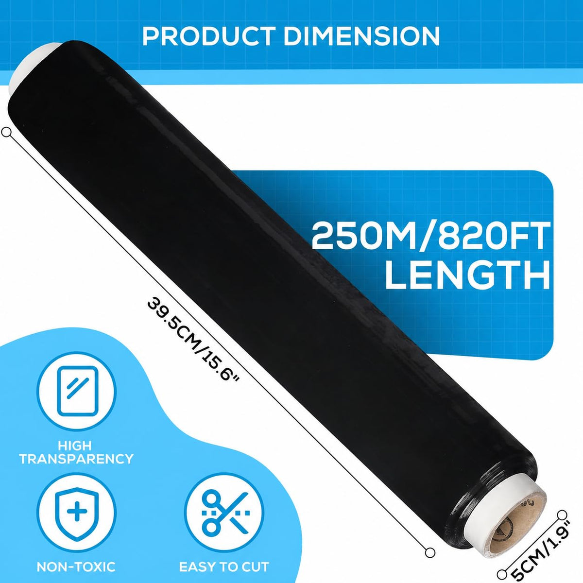 Rainberg Strong Heavy-Duty Stretch Film for Pallet Wrapping, Packaging and Moving for Furniture, Luggage, and Parcels, Water & Moisture Proof Pallet Stretch Shrink Wrap rolls 400mm x 250m (Black, 6)