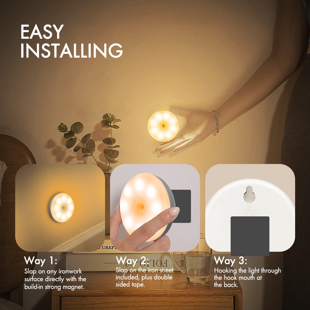 Motion Sensor Lights Indoor Rechargeable Wireless Wall Light LED Stair Night Lights Lamps with Auto/On/Off for Stairs Living Room Bathroom Corridors Closet Kitchen Under Cabinets (6000K, 3 Pack)