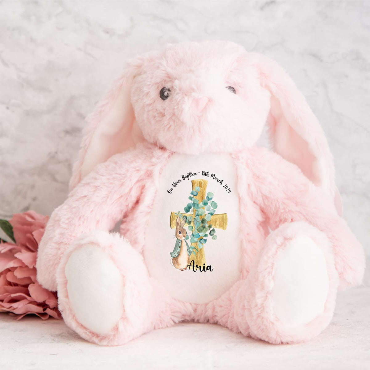 Crafted Memories - Personalised Bunny Rabbit | Custom Name & Date | Christening & Baptism Keepsake | Baby Girl & Boy | Soft Grey, White | Ideal 1st Birthday Present