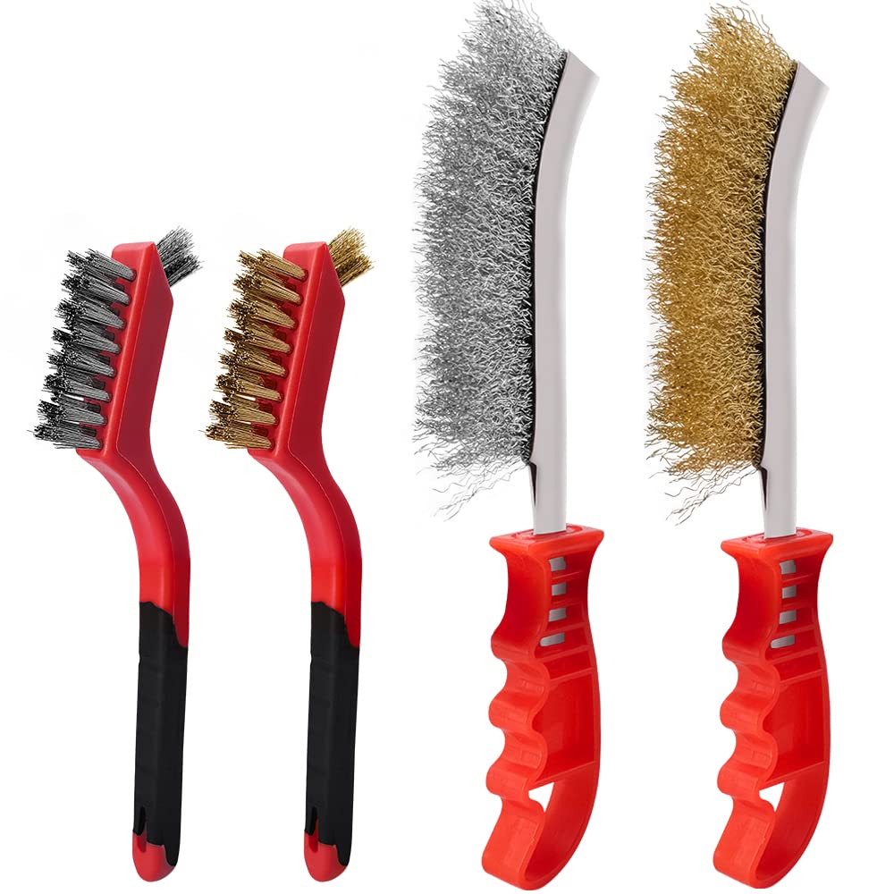 Hand Wire Brush Set 4 Pcs with Stainless Steel Brush and Brass Brush,Wire Brush for Cleaning Rust, Paint and Welding Slag (2 Big,2 Small)