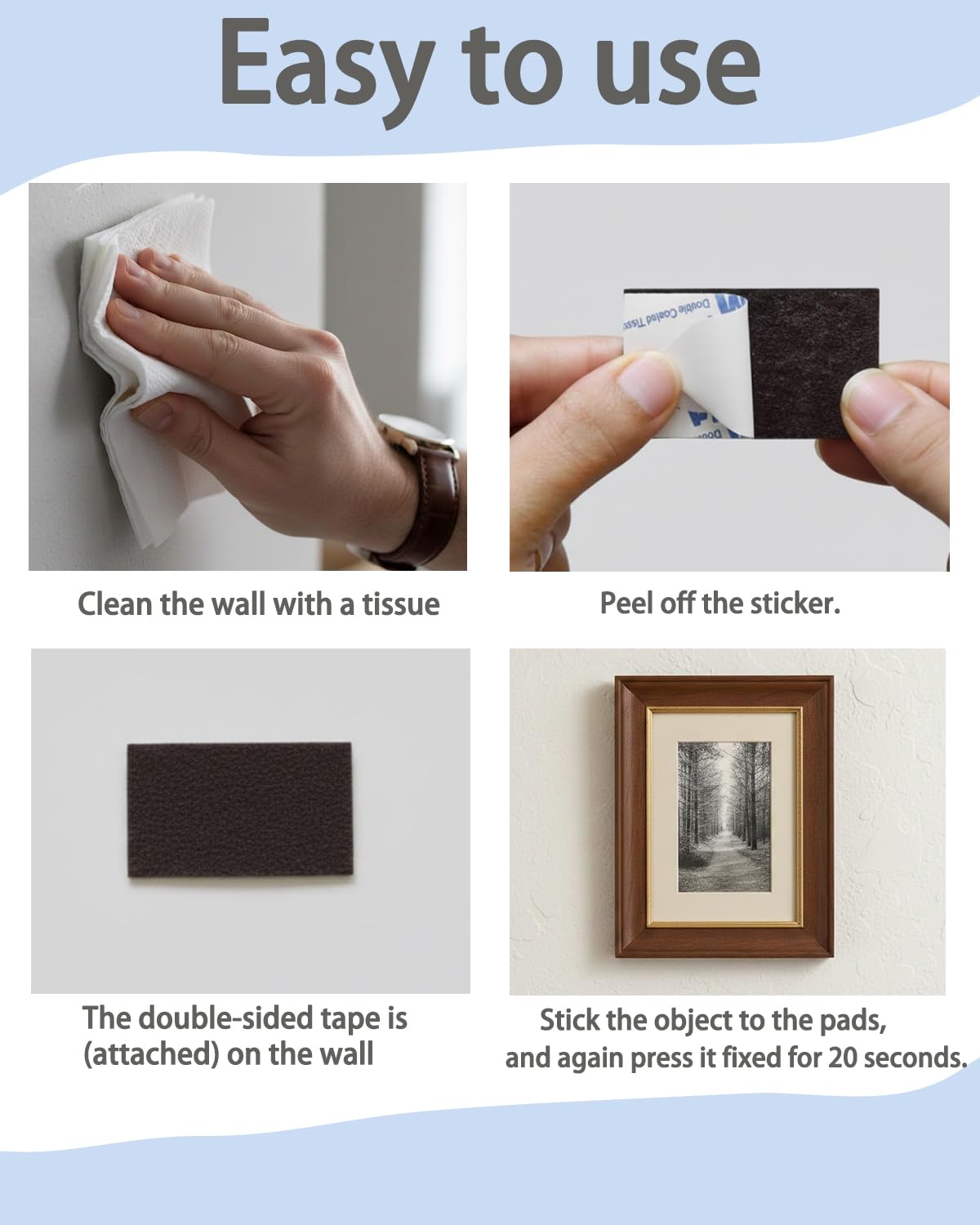 Double Sided Tape Heavy Duty 30 Pcs - Strong Adhesive strips | Double Sided Sticky Pads for Outdoor Indoor Mounting - Picture Hanging Strips for Mirrors, Frames & More （50 x 30mm）