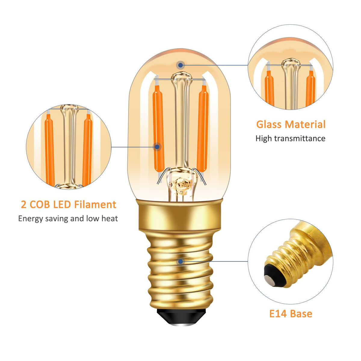 Caldarax 0.5W E14 LED Vintage Night Light Bulb, Mini C7 LED Filament Candle Bulbs Amber Warm White 2200K E14 Orange SES Small Edison Screw Salt Lamp Bulbs, 5W Equivalent, Non Dimmable, 2 Pack