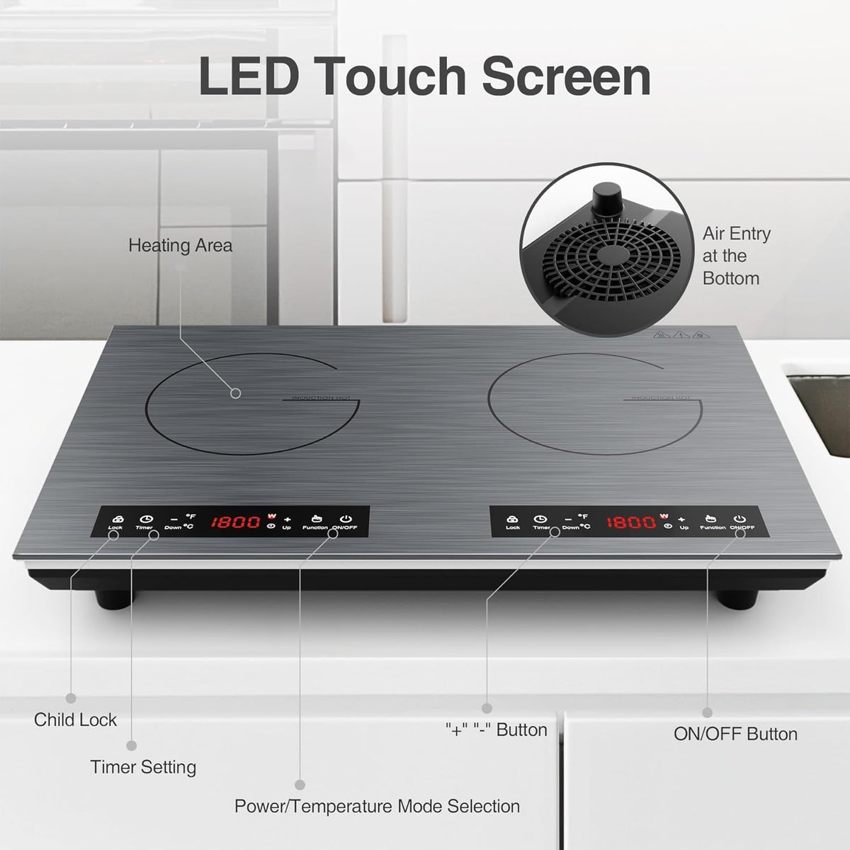VBGK Portable Ceramic Hob, 2000W Pulg in Single Electric Hob, Portable Electric Hob with Digital LED Touch Controls, 10 Power Levels, 4-Hour Timer, Child Safety Lock, Black