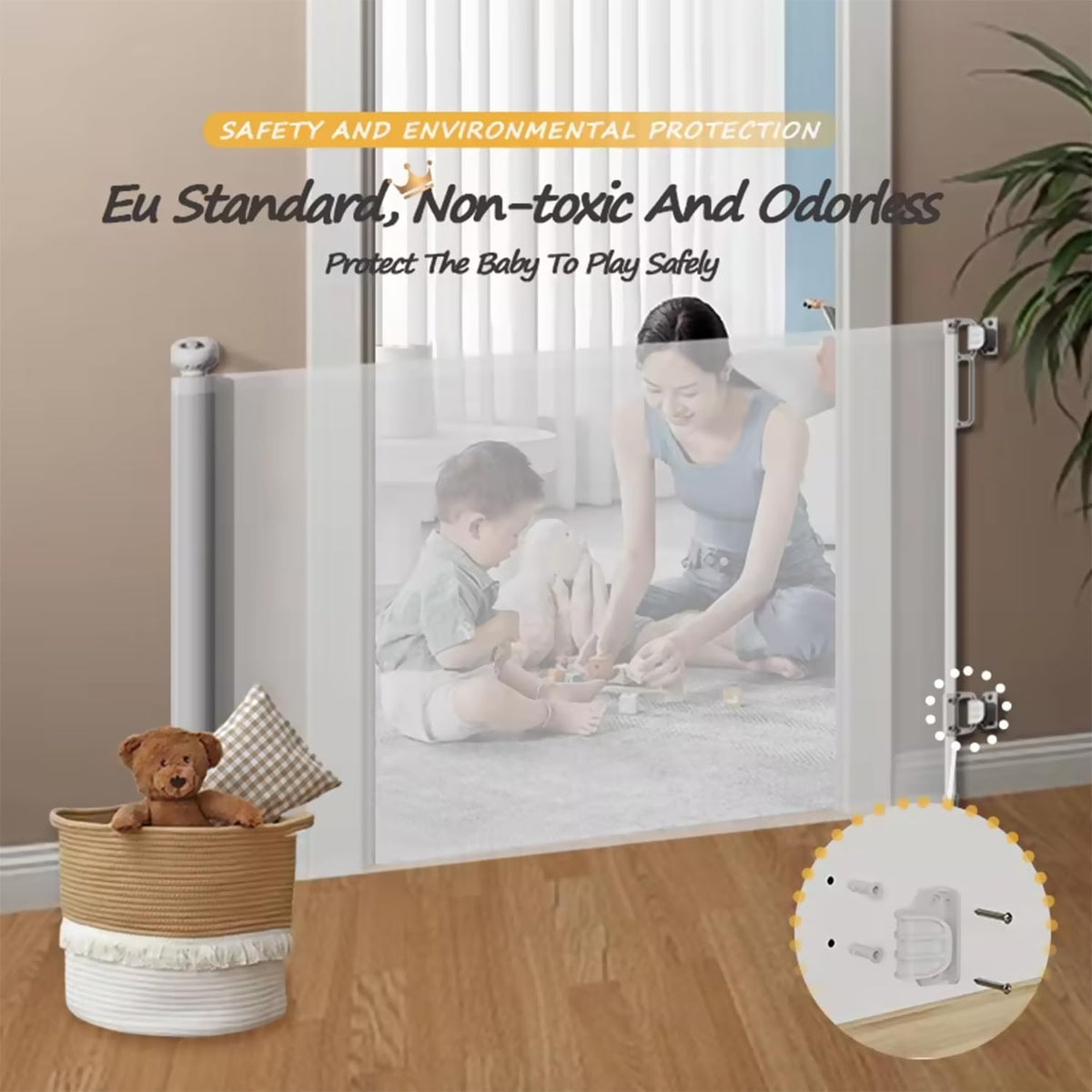 Retractable Baby Gate 87cm x 130 cm Stair Safety Gate Roll for Babies and Pets, dogs, Extendable Barrier Gates (White)
