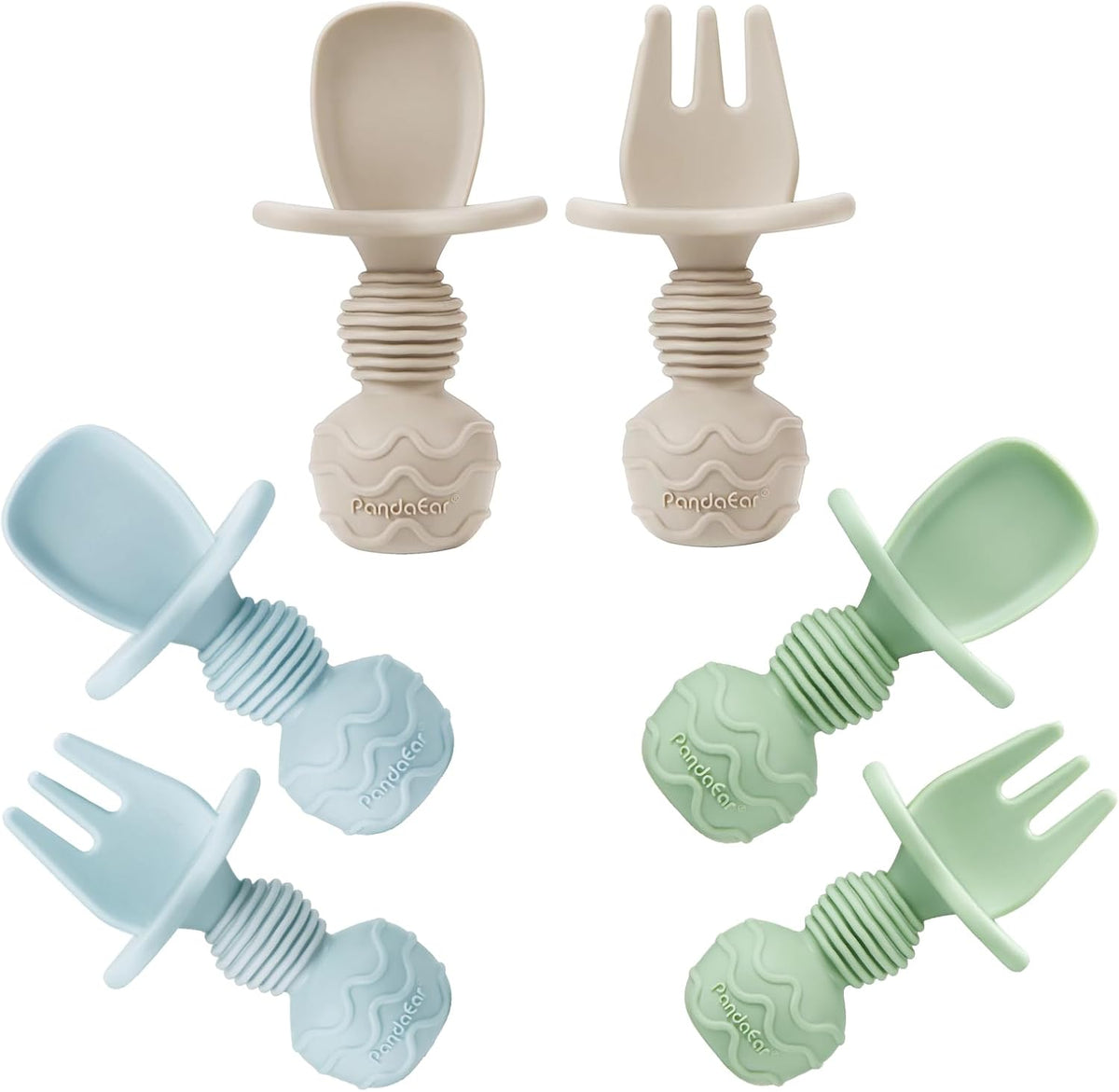 PandaEar 6 Pack Silicone Baby Weaning Spoons and Forks Set| Toddler Cutlery Self Feeding Spoons for Baby| Anti-Choke Design for Baby Led Weaning 3 Months Plus (Blue Green Tan)