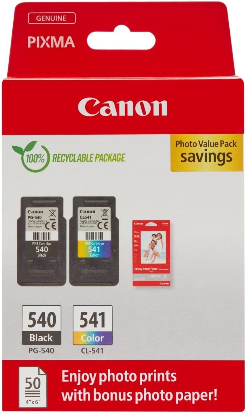 Canon PG-540 + CL-541 FINE Genuine Ink Cartridges + Photo Paper