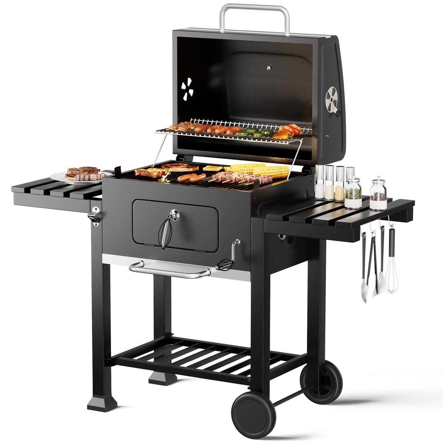 XXXL Smoker Charcoal BBQ, Portable Barbecue Grill with Wheel & 2 Folding Table, Thermometer & Adjustable Charcoal Pan, Large Outdoor BBQ Grill Smoker for Patio Home Garden Cooking