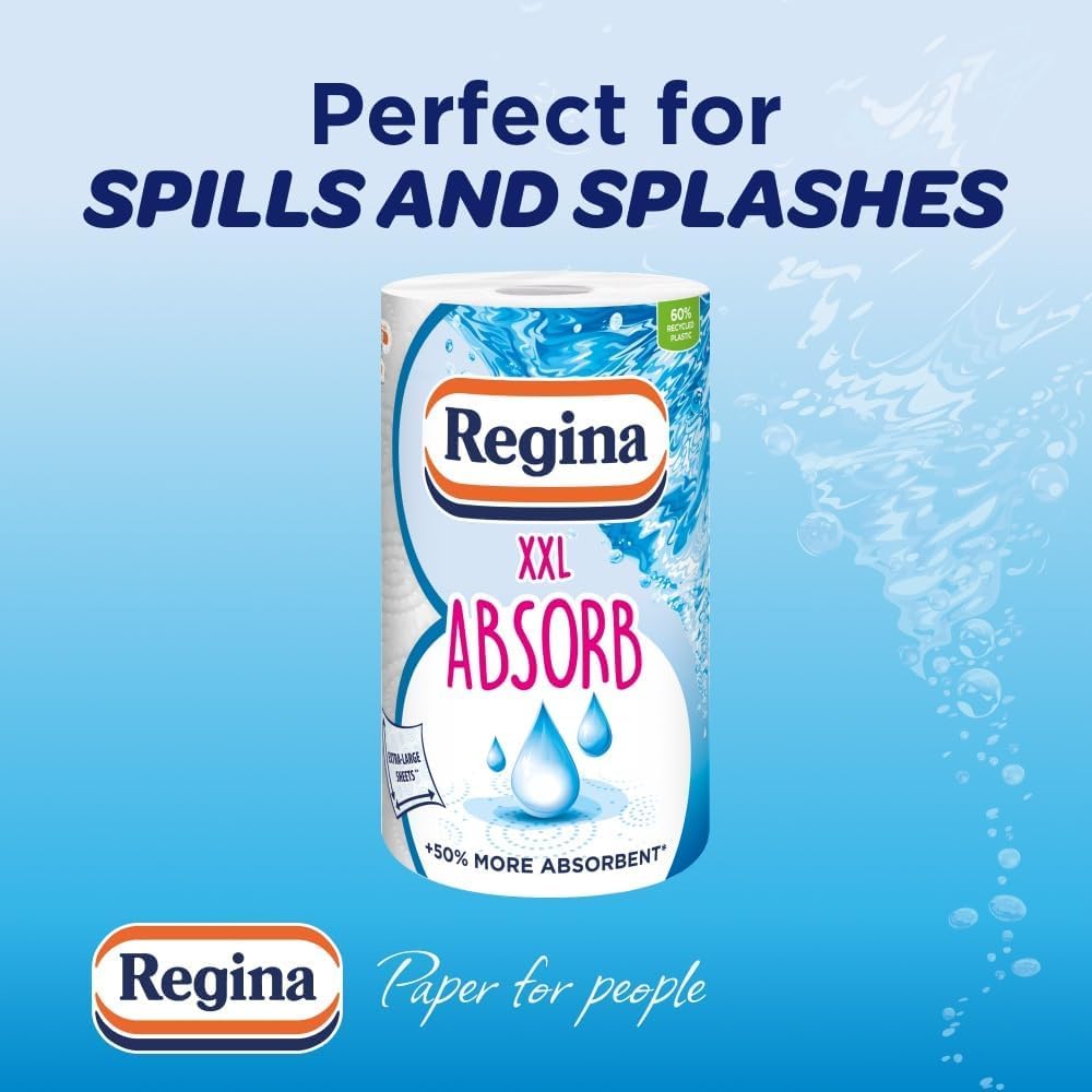 Regina Absorb Plus Kitchen Towels – 8 Super Absorbent 2-ply Kitchen Rolls, 85 Sheets Per Roll, Extra-Large Sheets, 50 Percent More Absorbent Than Previous XXL Products, Easy Open Pack
