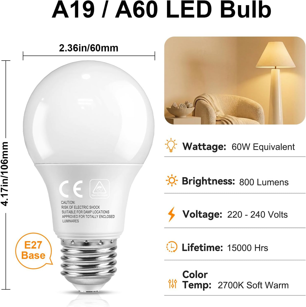 6 Pack E27 Screw LED Light Bulbs 2700K Warm Yellow White, 60W, ES Edison 9W