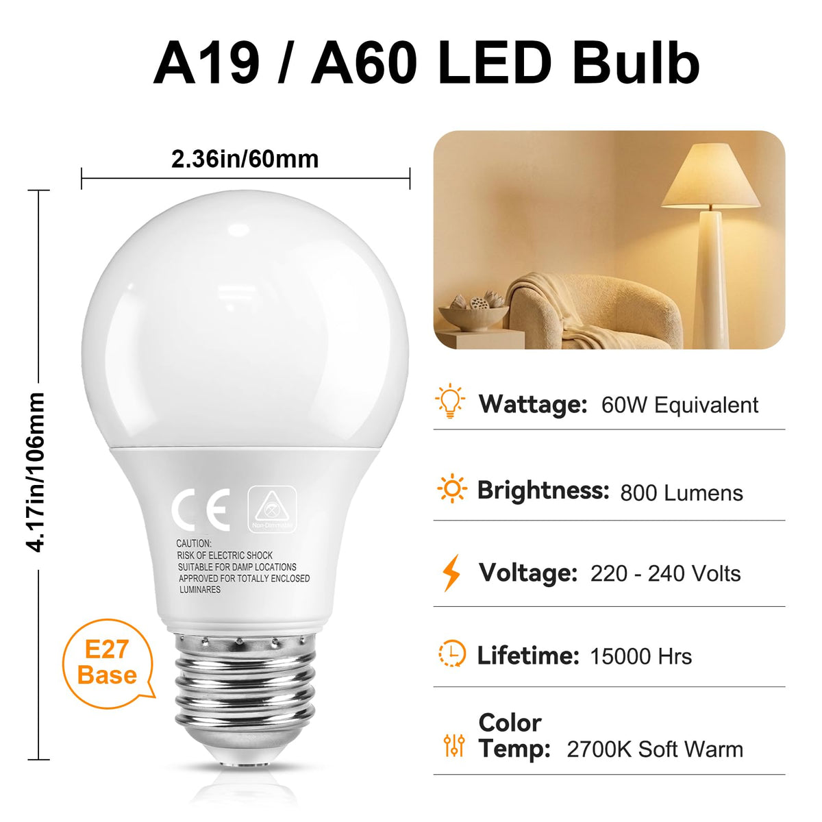 6 Pack E27 Screw LED Light Bulbs 2700K Warm Yellow White, 60W, ES Edison 9W