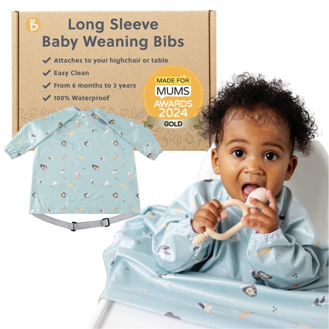 BIBaDO Long Sleeve Baby Bibs - Coverall Weaning Bib with Highchair Strap