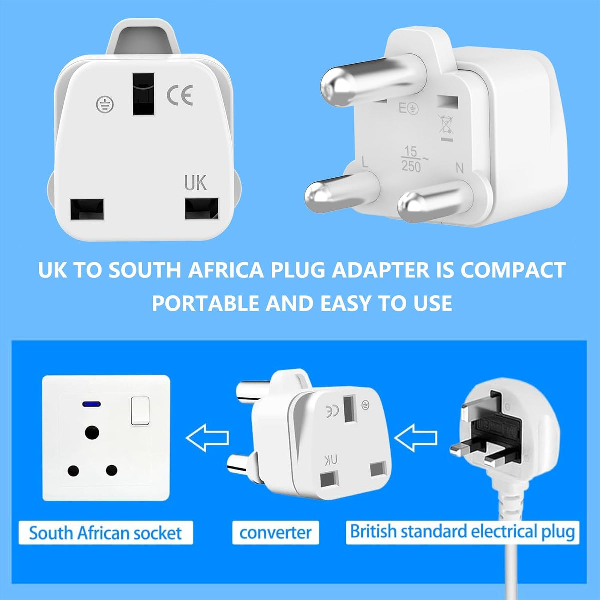 Loydia UK to South Africa Plug Adapter, 2 Pack UK to South Africa Travel Adapter Converter Plug, 3 Pin South Africa Travel Adaptors for Botswana, Lesotho, Swaziland, Namibia, Sri Lanka (White, Type M)