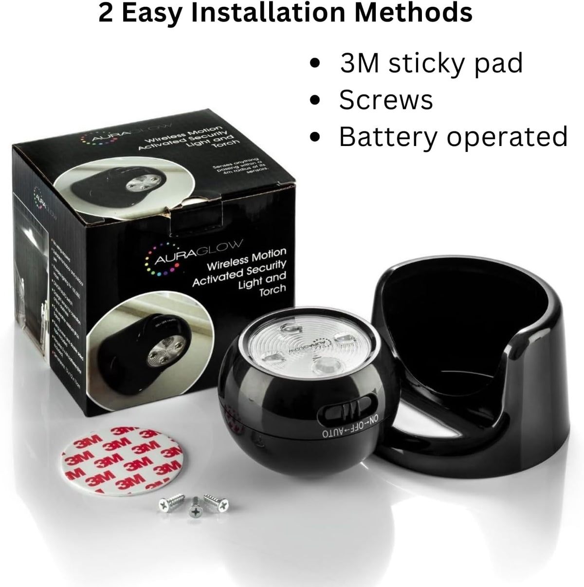 Auraglow Motion Sensor Security Light, Wireless Battery Powered PIR, Black