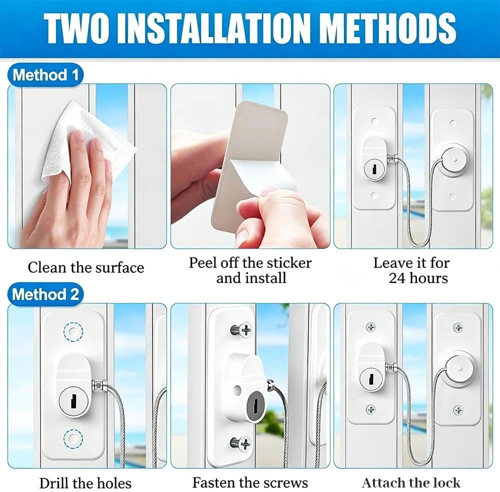 8Pcs Window Locks for UPVC Windows, MIVITOOM Window Cable Restrictor Window Safety Locks with Keys and Screws for Child & Pet Safety, Self Adhesive