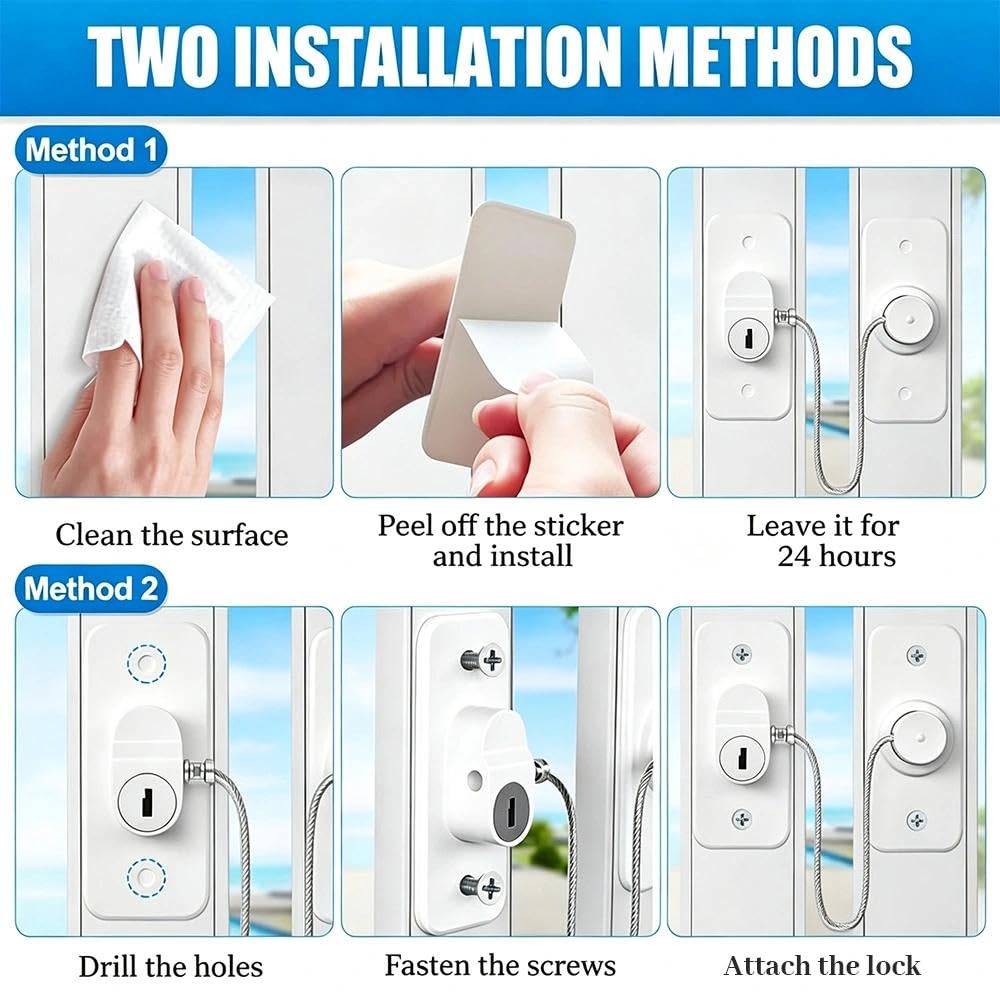 8Pcs Window Locks for UPVC Windows, MIVITOOM Window Cable Restrictor Window Safety Locks with Keys and Screws for Child & Pet Safety, Self Adhesive