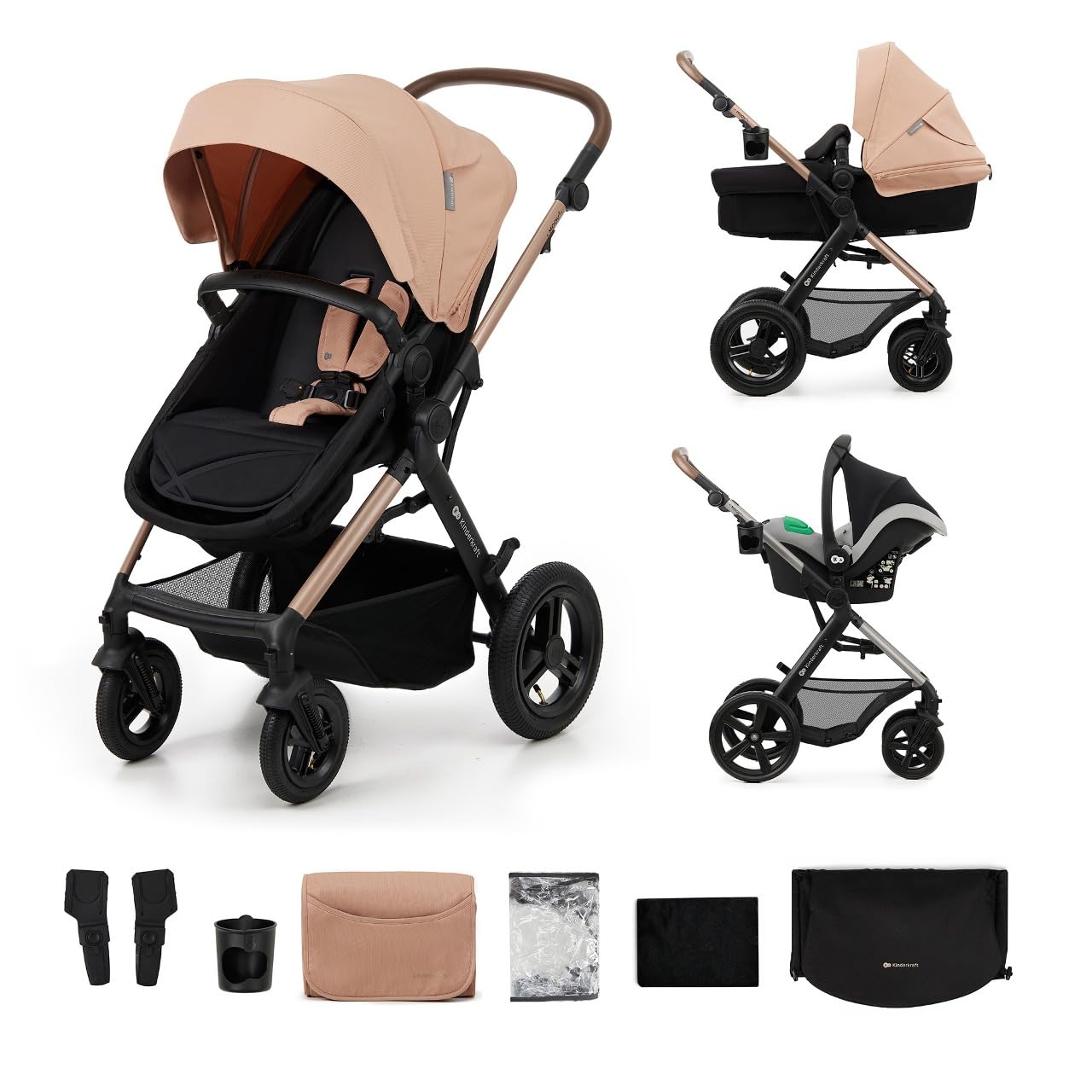 Kinderkraft MOOV 2 AIR 4 in 1 Set, Pram with Infant Car Seat with Isofix Base Mink PRO I-Size, Travel System, Baby Pushchair, Buggy, Foldable, from Birth to 22 kg, Inflatable Wheels, Gray