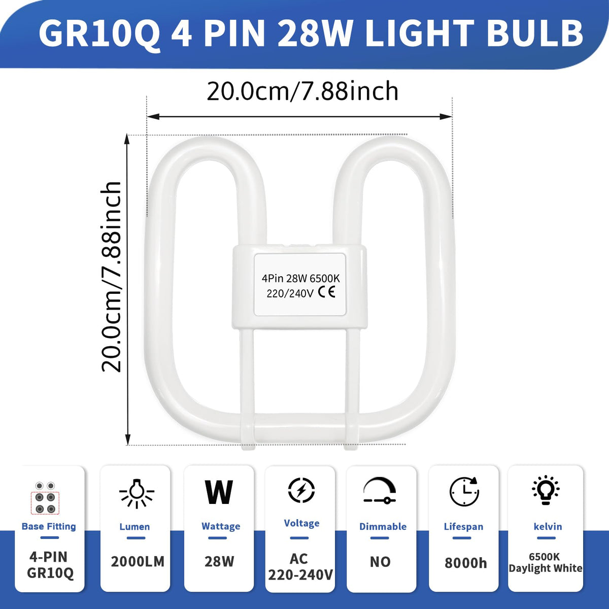 Akynite 16W 2D Square 2-Pin GR8 Cap Daylight White 6500k Compact Fluorescent Lamp, AC 230V, CFL 2 Pin Light Bulb, not dimmable, GR8 DD Flat Butterfly Bulb for Flush Ceiling Light, 1 Pack