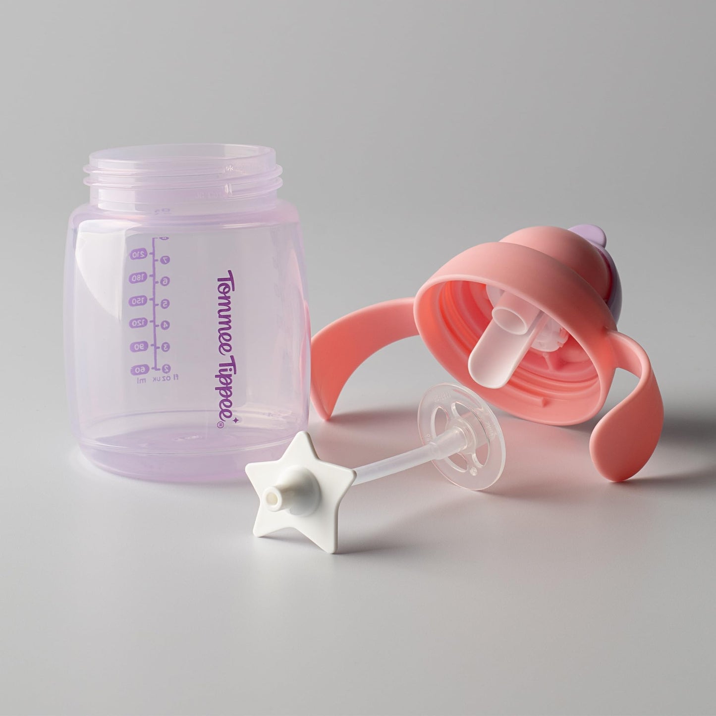 Tommee Tippee Trainer Straw Cup, 240ml, Easy Transition Toddler Cup for 6 Months+, with Silicone Weighted Straw and Easy-Hold Handles, Pink and Purple, 2 Pack