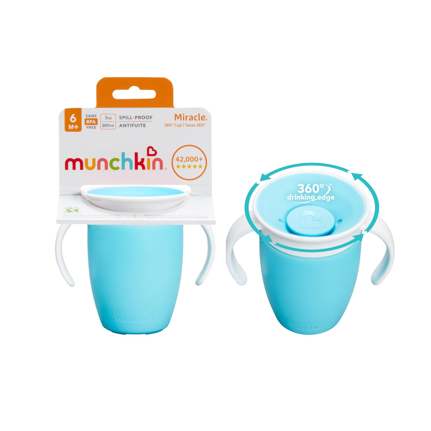 Munchkin Miracle 360 Sippy Cup | Trainer Toddler BPA Free Baby & Toddler Cups w.Handles | Non Spill | Dishwasher Safe Baby | Leakproof | 6+ Months| 7oz/207ml | 2 Pack | Blue/Green
