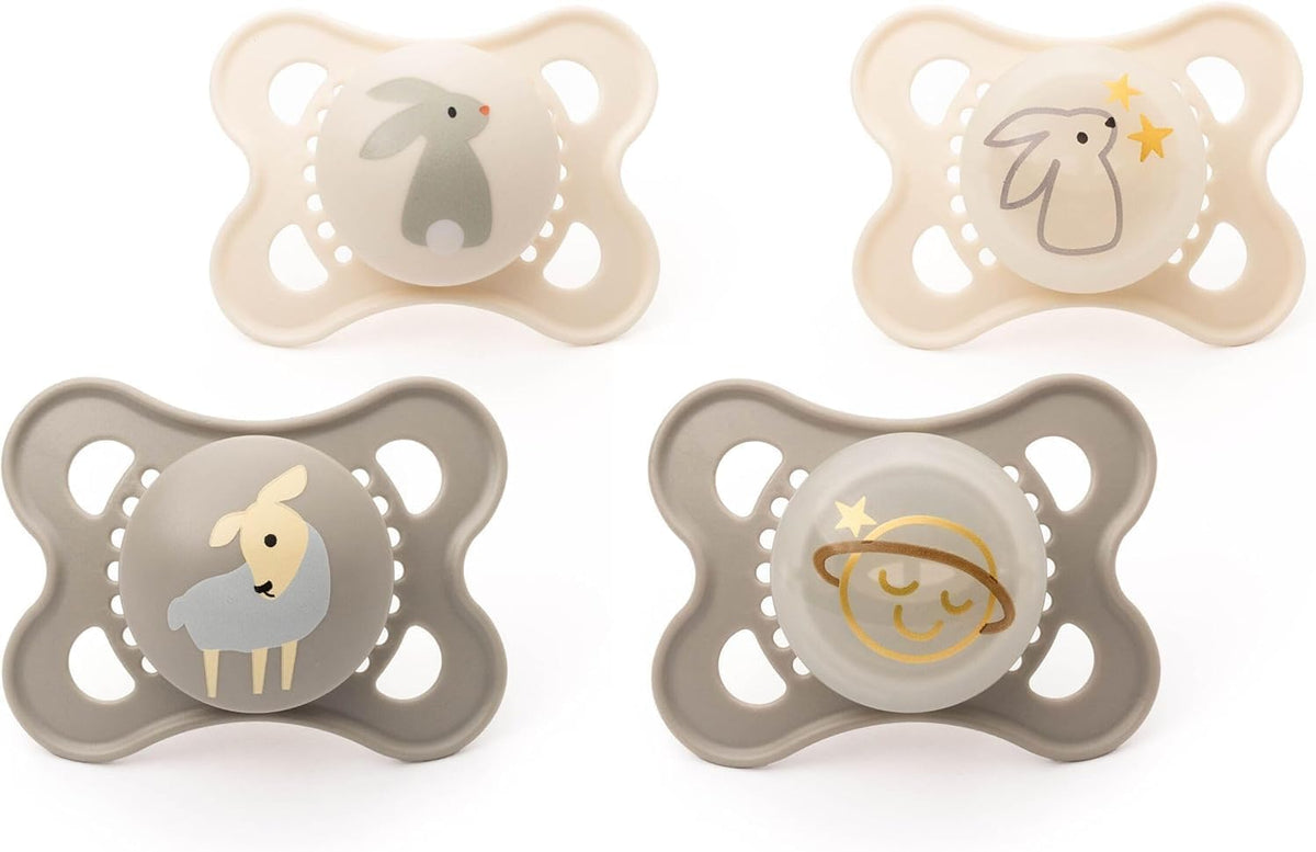 MAM Original Dummies, 0-6M, 4 Pack, 2X Day and 2X Night, Grey/Linen