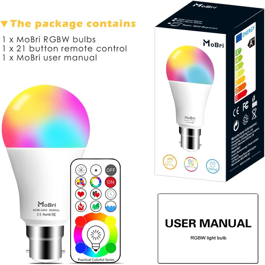 Mobri B22 LED Colour Changing Light Bulbs with Remote Control, 75 Watt Equivalent Bayonet Dimmable Colour Bulbs with Timing, Memory & Sync, 120 Multi RGB Colours + Daylight White,2 Pack