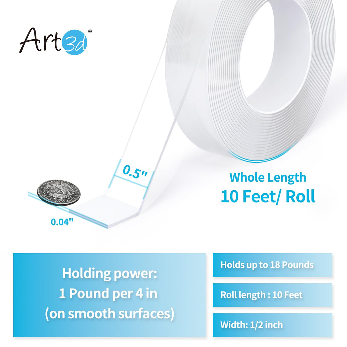 Art3d Double-Sided Tape (10FT), Traceless, Removable, Reusable, Washable - Multipurpose Tape as Seen on TV