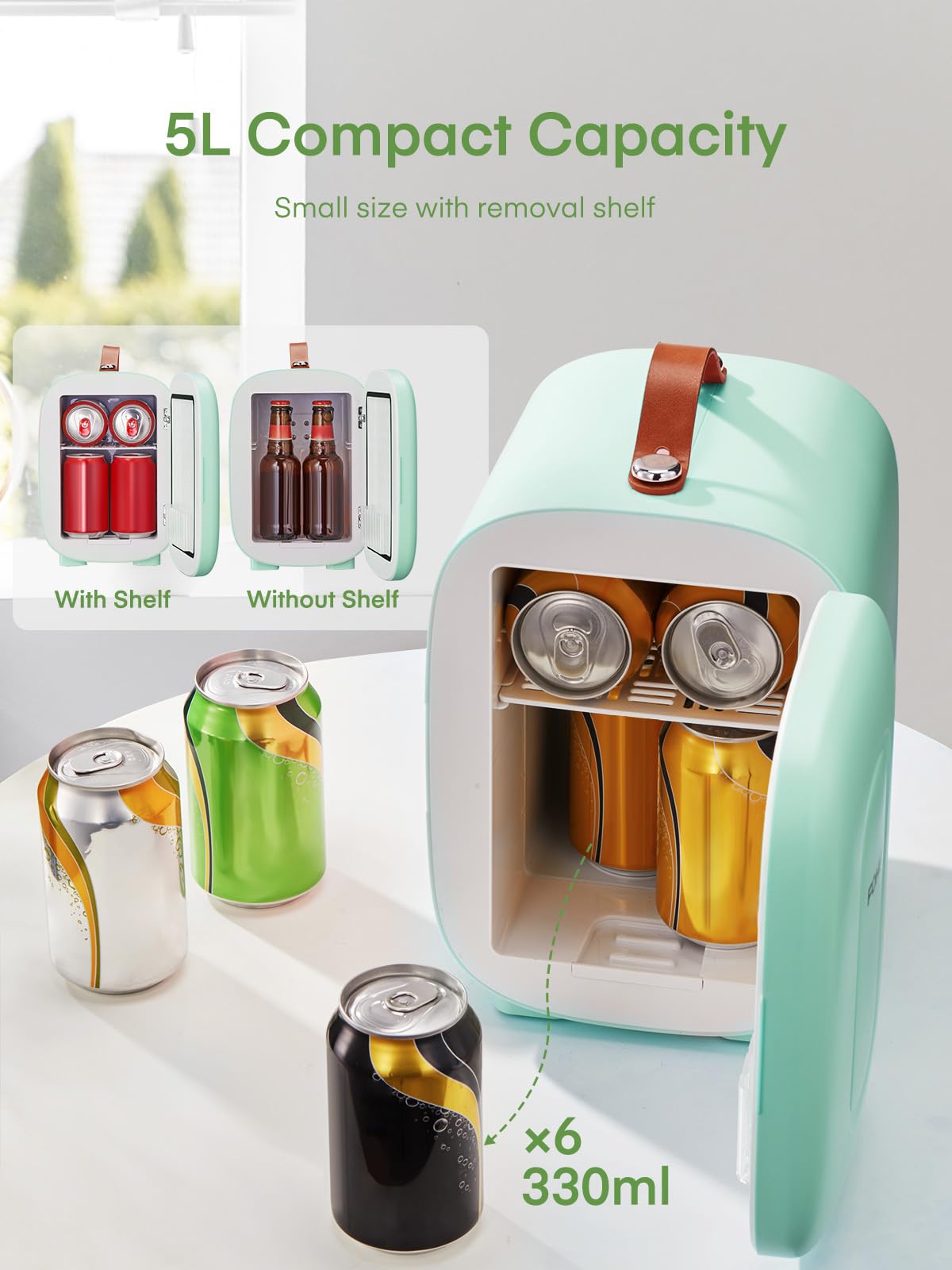 FOHERE Mini Fridge Portable, 5 Liter/6 Cans Small Fridge Cooler & Warmer, Quiet, DC/AC Power, Cmpact Mini Fridge for Bedrooms, Office, Skincare, Car, Travel, Black