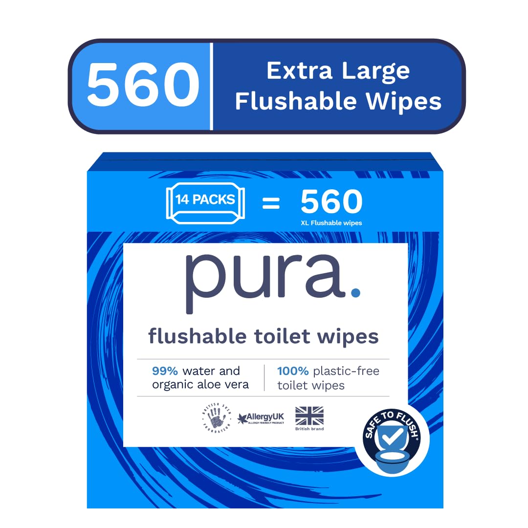 Pura Flushable Moist Toilet Tissue Wipes, 1 Pack of 40 Wet Wipes, 100% Plastic Free, 99% Water Clean Washlets, Certified ‘Fine to Flush’ Biodegradable, Compostable, Vegan, Gentle Clean