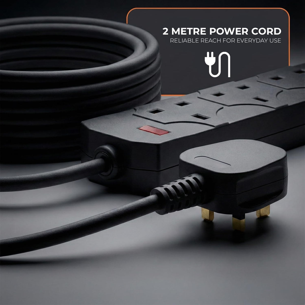 Wolf Power 4 Way Extension Lead, 2 Metre Extension Cable with UK 3 Pin Plug, Multi Socket Power Strip, Wall Mountable, Suitable for Home, Office & Appliances (Black, 1 Pack)