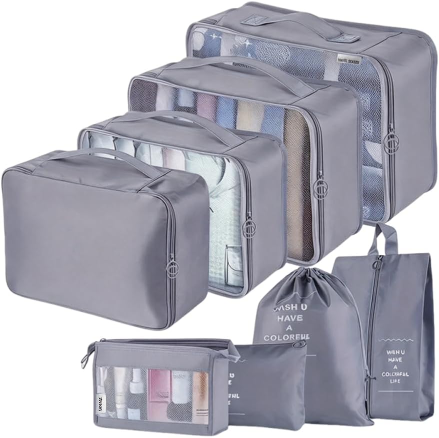 Travel Packing Cubes, Toifucos Multifunction 8pcs/set Luggage Organiser Compression Suitcase Essential Bag, Dark Gray