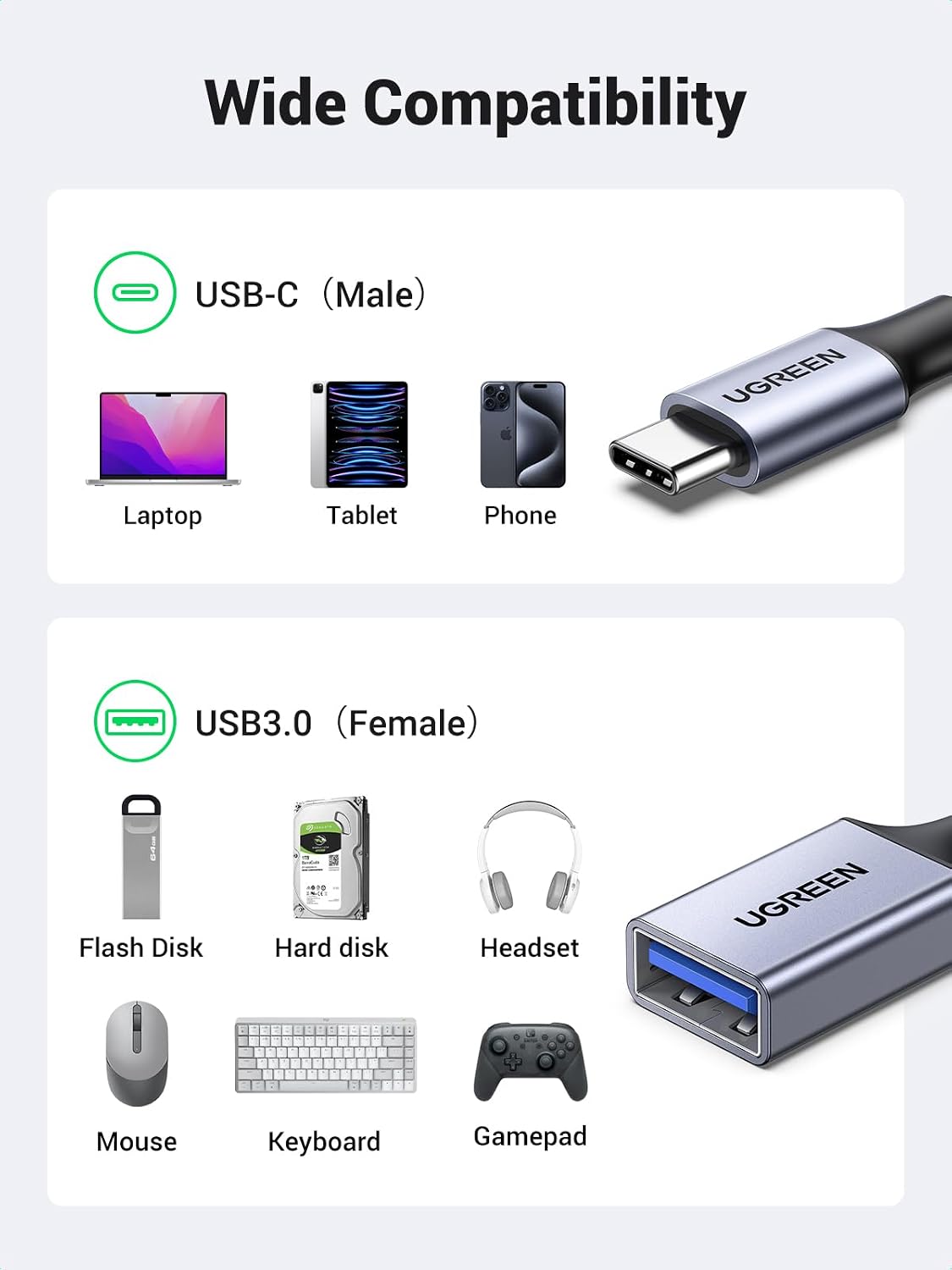 UGREEN 10Gbps USB C to USB Adaptor for iPhone, iPad, MacBook, Galaxy Grey
