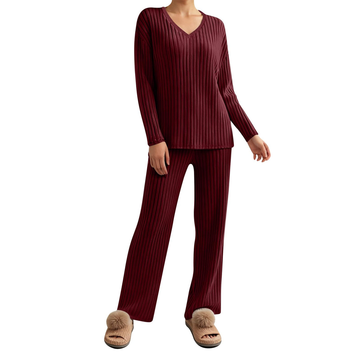 Lounge Wear Sets For Women Uk Womens Pyjamas Set Ladies Pyjamas Two Piece Outfit Fleece Tracksuits V-Neck Long Sleeve Jumpers And Wide Leg Trousers With Pockets Sleepwear Plain Casual Homewear