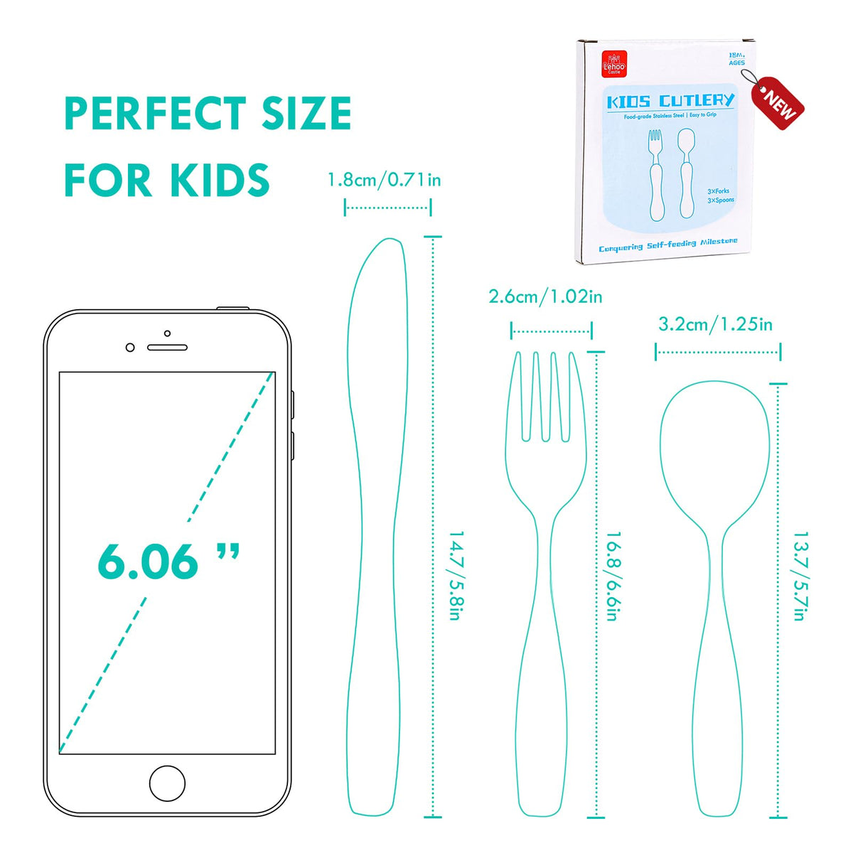Lehoo Castle Stainless Steel Toddler Cutlery Set, 6-Piece Dinosaur Design