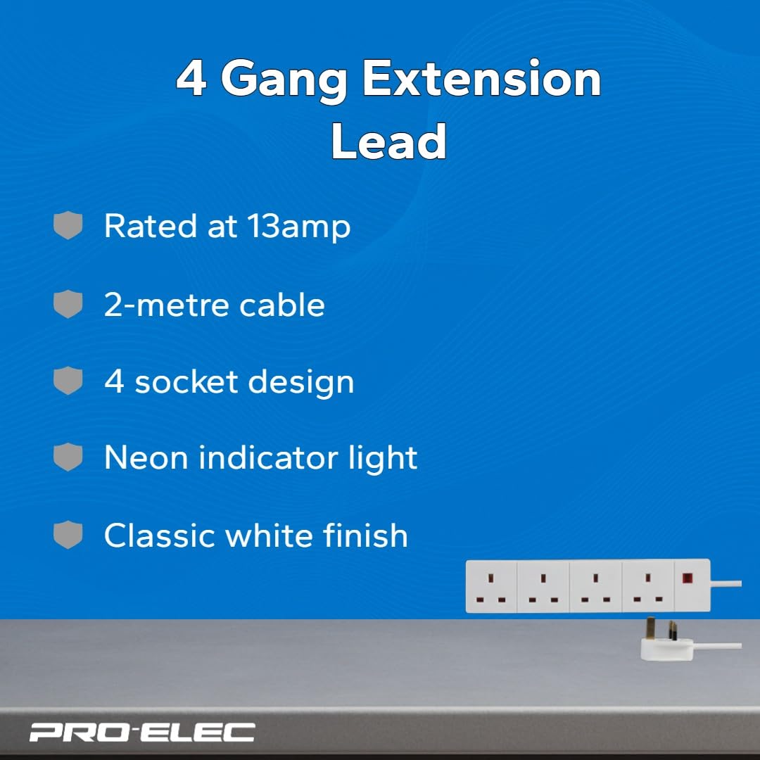 Pro Elec 3 m 4 Socket Neon On Light Extension Lead - White