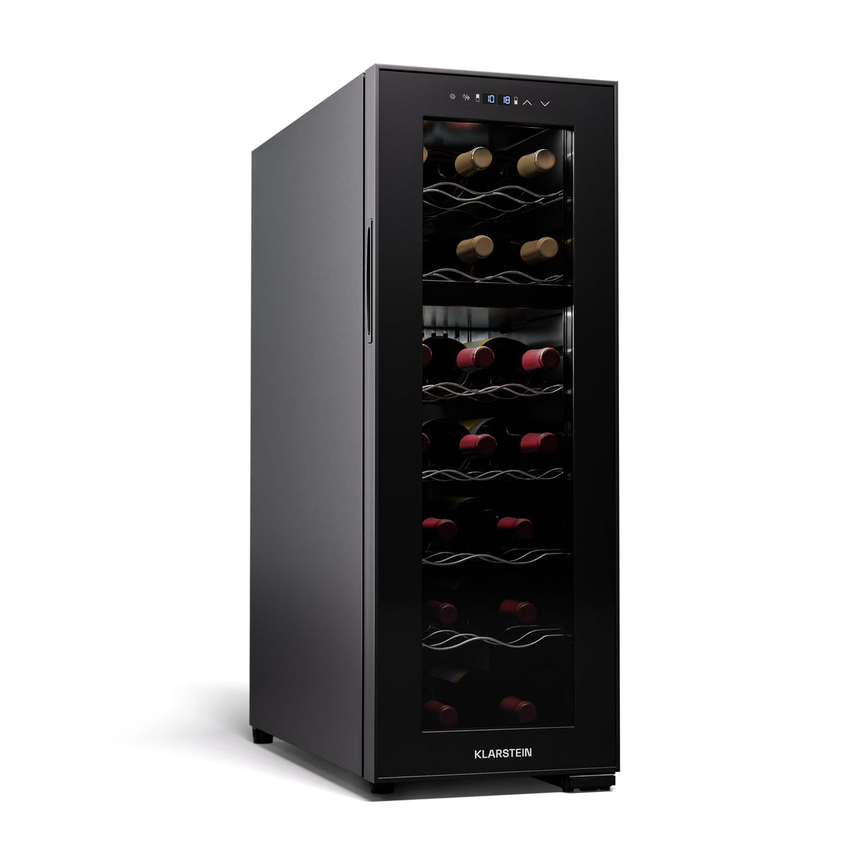 KLARSTEIN Shiraz Wine Cooler Black – 8 Bottles, 1 Zone | Freestanding Wine Fridge with Glass Door, Quiet, 5–18 °C, LED, Stainless Steel Frame
