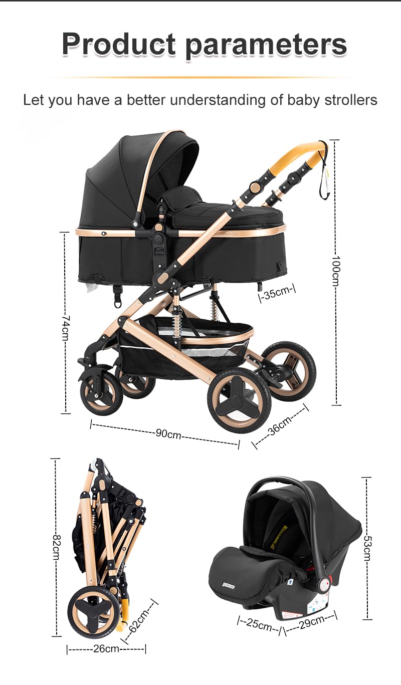 YAZOCO 3 in 1 Prams Travel System, Foldable Lightweight Baby Stroller, Adjustable Handle, Aluminum Frame for Newborn 0-4 Years Changing Bag (530 Black)