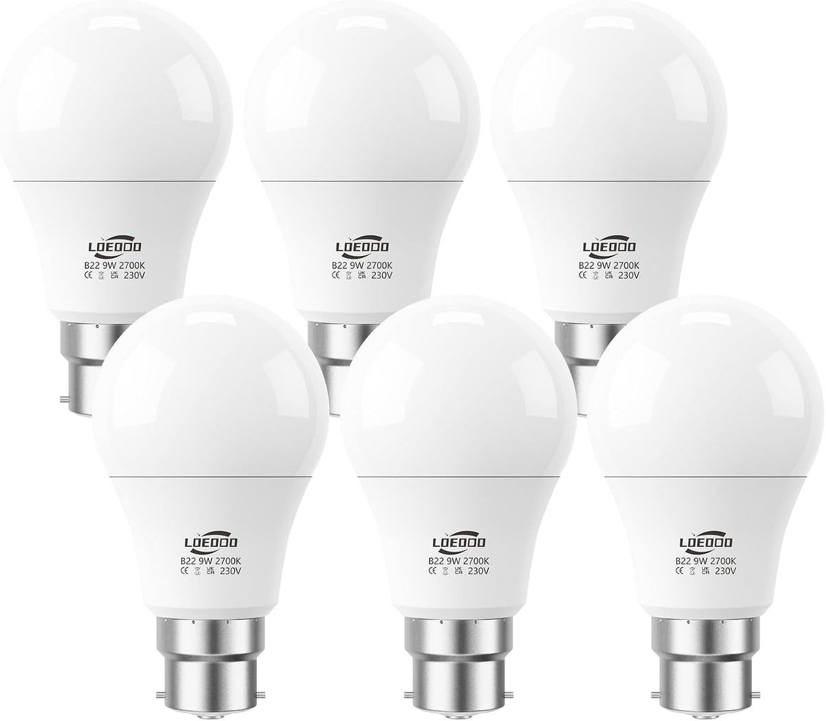 B22 Bayonet Light Bulb 9W=60W, 6000K Cool White, 806LM, Pack of 6