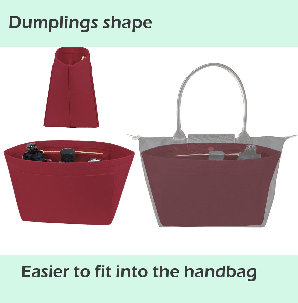 Lckaey tote bag organizer insert for Longchamp le pliage large tote insert felt purse zipper bag organizer 1028pink-S