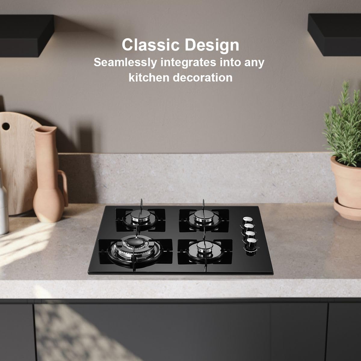SNDOAS Gas Hob 4 Burners, NG/LPG Convertible, Built-in Black Glass Gas Hob with Wok Burner, Flame Failure Protection, 8000W, YYUKGCT-B04