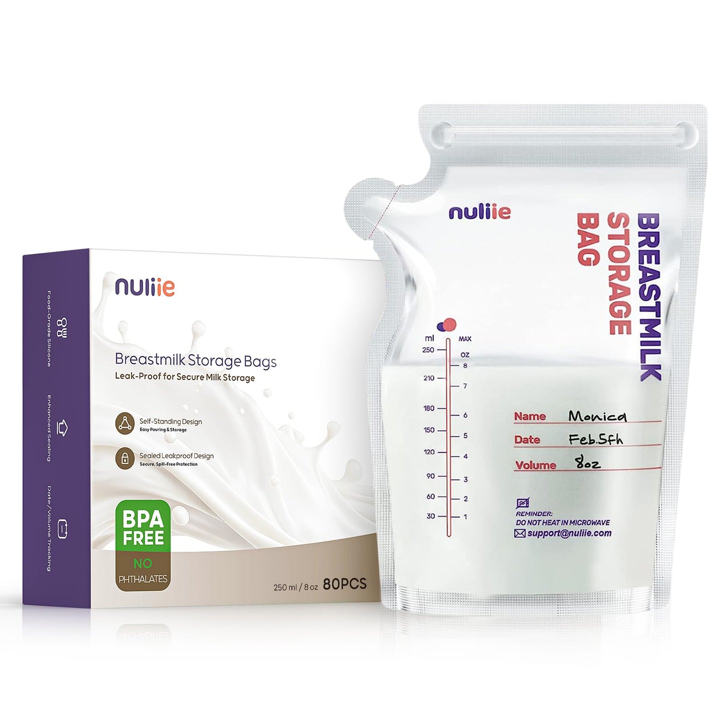 Nuliie 120 Pcs Breast Milk Storage Bags, 250ml BPA Free Milk Storage Bags with Pour Spout for Breastfeeding, Self-Standing or Flat Pre-sterilised Bag, Space Saving for Fridge or Freezer Use