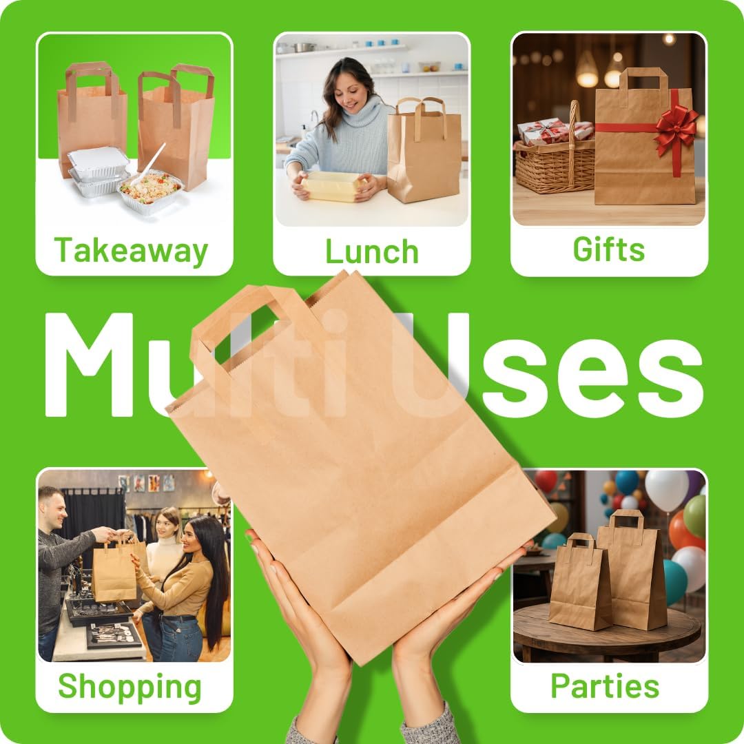 Brown Paper Bags with Handles - Small 8 x 7 x 3.5", 250 Pack, 80gsm Kraft Material, Takeaway Lunch Grocery Shopping Gift Party