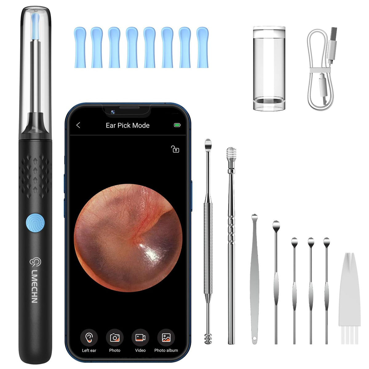 Ear Cleaner with Camera, Ear Wax Removal Kit with 1080P, Ear Camera Otoscope with LED Light, Ear Cleaning Kit for iPhone, iPad, Android Phones-White